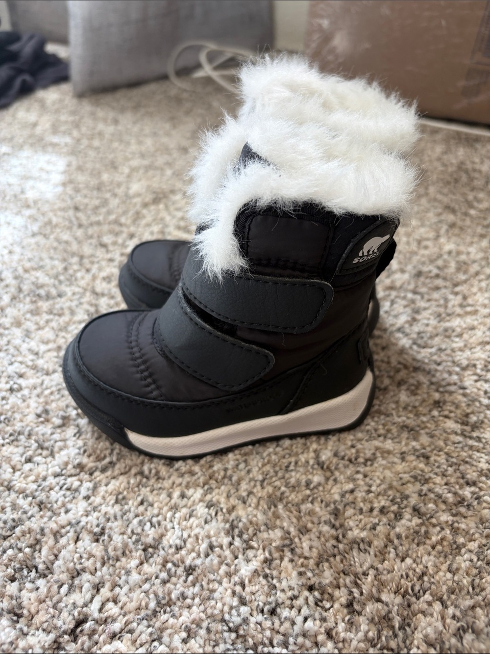 Sorel Kids' Black Winter Boots with White Faux Fur Trim NWOT